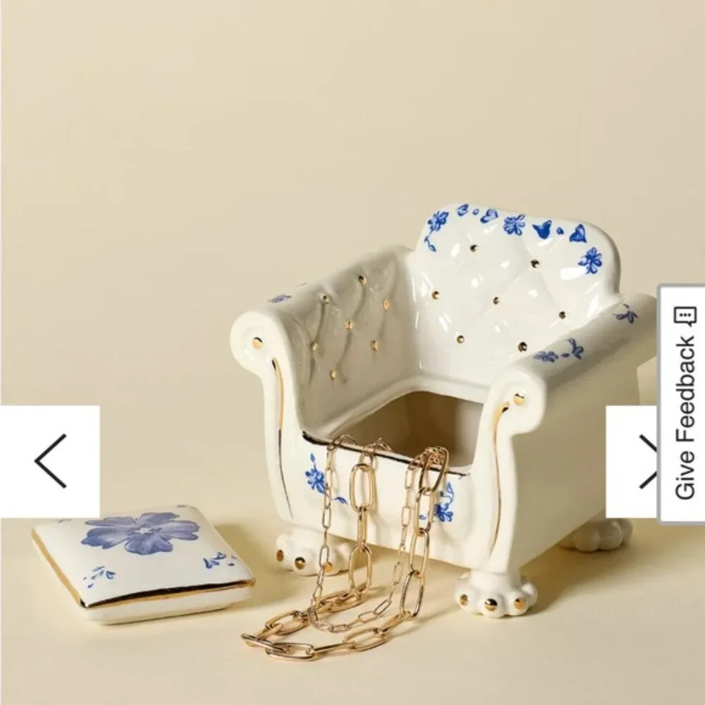 Urban Outfitters Ceramic Armchair Jewelry Box Holder White Blue Floral Unique